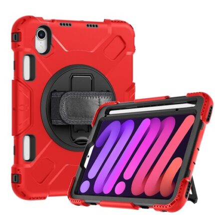 Armor Case with 360 Rotating Stand with Hand Strap for Apple iPad Mini 6 / Mini 7 - Red
