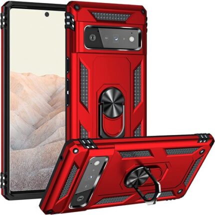 Armor Hybrid Military Case with Ring Kickstand for Google Pixel 6 - Red