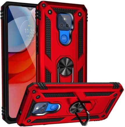 Armor Hybrid Military Case with Ring Kickstand for Moto G Play (2021) - Red