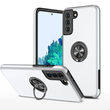 Hybrid Shock Absorbing Case with Kickstand for Samsung Galaxy S21 - Silver