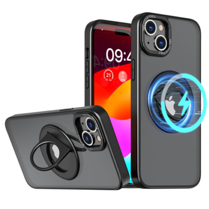 Trendy Armor Case with Ring Kickstand for Apple iPhone 14 Plus / 15 Plus - Black