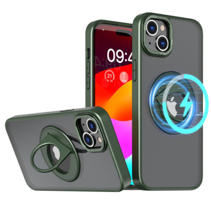 Trendy Armor Case with Ring Kickstand for Apple iPhone 14 Plus / 15 Plus - Green