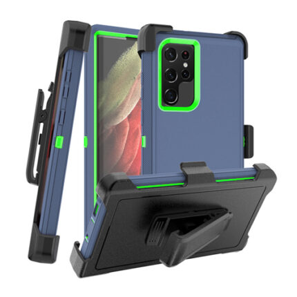Triple Layer Protection Case & Belt Clip for Samsung Galaxy S23 Ultra - Navy Blue - Green Line