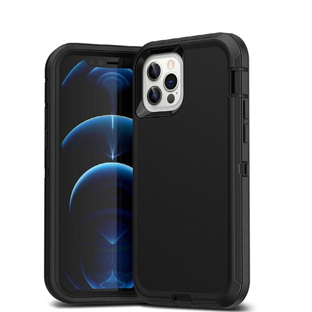 defender-iphone-12-black.jpg Triple Layer Protection Case & Belt Clip for Apple iPhone 13 Pro - Black – Image 1