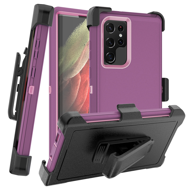 triple-belt-s22-ultra-purple.jpg Triple Layer Protection Case & Belt Clip for Samsung Galaxy S22 Ultra - Purple – Image 1