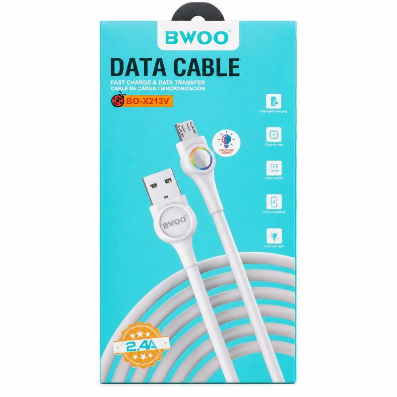 BWOO Micro USB Cable Colorful Lights 2.4A BO-X213V (1M) - White BWOO Micro USB Cable Colorful Lights 2.4A BO-X213V (1M) - White