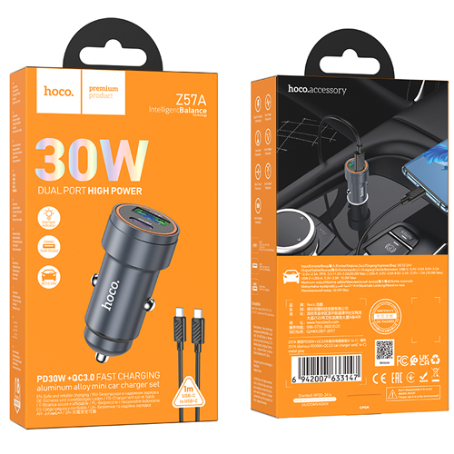 Hoco PD30W + QC3.0 Dual Output Car Charger Set with USB-C to USB-C Cable Z57A - Metal Gray Hoco PD30W + QC3.0 Dual Output Car Charger Set with USB-C to USB-C Cable Z57A - Metal Gray