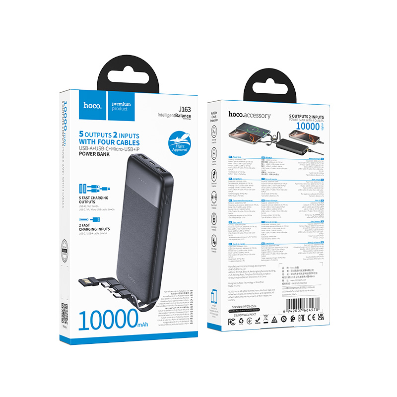 Hoco Power Bank 10000mAh with 4 Built-in Cables J163 - Black Hoco Power Bank 10000mAh with 4 Built-in Cables J163 - Black